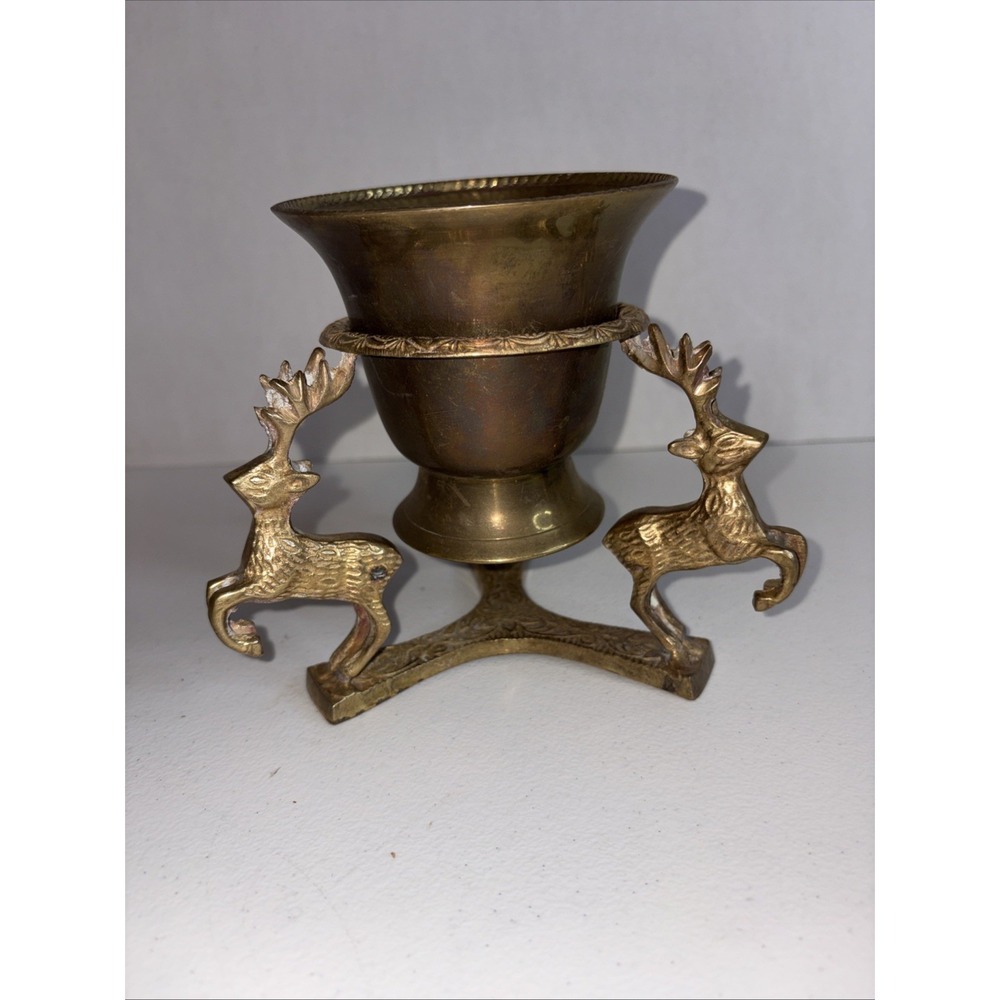 Vintage Mid-Century Trio Brass Reindeers Christmas Holiday Candle Holder Dish